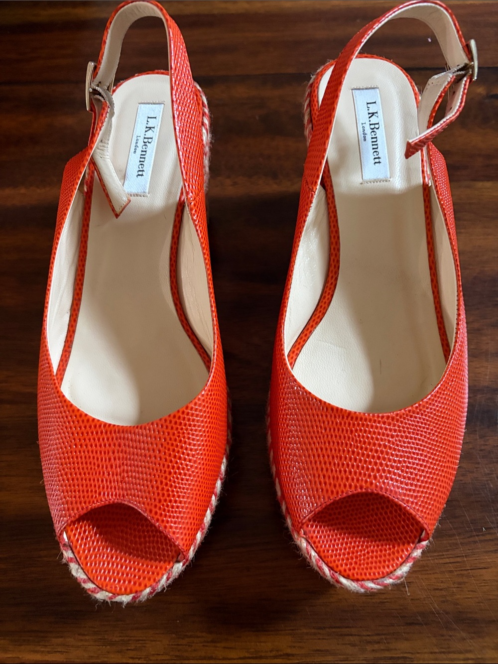 LK Bennett Red Orange Peep-Toe Slingback Wedge Espadrilles